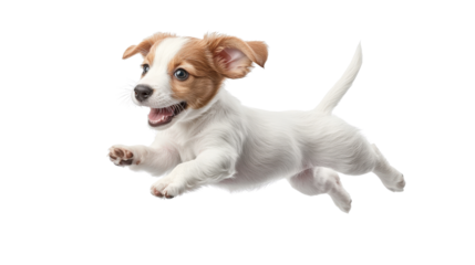 A joyful puppy leaping through the air, embodying happiness and playfulness in a vibrant setting. Perfect for pet-related themes.