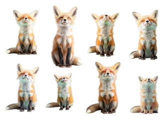 A collection of playful foxes showcasing their charming expressions in various poses, perfect for nature lovers.