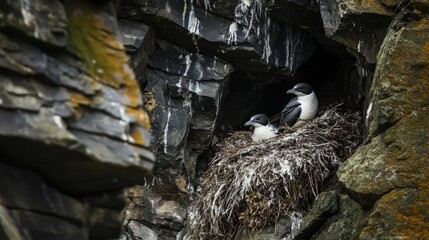 Fototapeta premium High up on a cliffside, birds are nesting in hidden crevices, away from predators and the harsh elements.