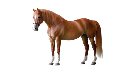 A majestic chestnut horse stands gracefully, showcasing its beauty and strength against a clear background.