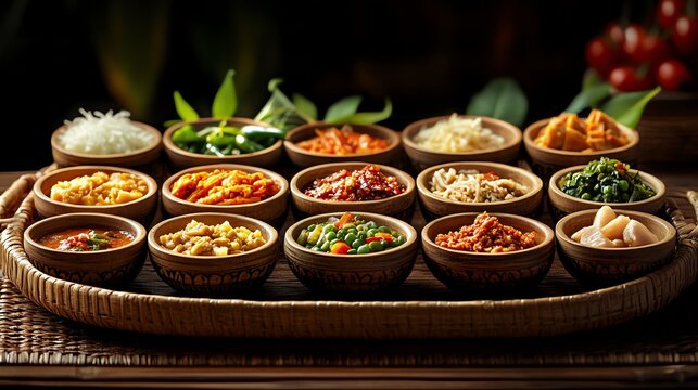 Thai traditional Khantoke dinner setting, with a wooden tray filled with small bowls of northern Thai dishes, Khantoke dinner, cultural dining