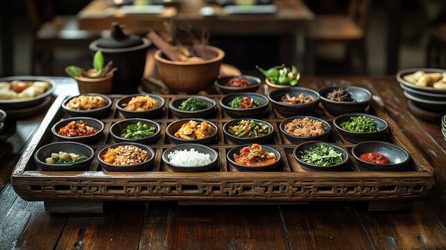 Thai traditional Khantoke dinner setting, with a wooden tray filled with small bowls of northern Thai dishes, Khantoke dinner, cultural dining
