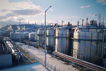 Obraz premium Chemical industry producing hydrogen for renewable energy stored in tanks at plant