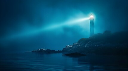 Powerful Lighthouse Beam Guiding Ships Through the Dramatic Night