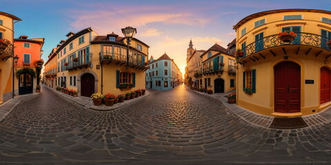 Full 360 degrees seamless spherical panorama HDRI equirectangular projection of An ancient cobbled street. Texture environment map for lighting and reflection source rendering 3d scenes.	
