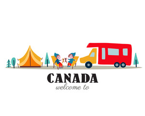Camping caravan transportation vector float illustration, Travel car for outdoor summer active leisure isolated on white, RV camper with family and cats, motorhome, van, camp trailer, automobile