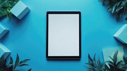 Flat lay tablet with blank screen on blue background with green leaves and blue geometric shapes.