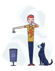 Cleaning after dog. Pet owner picking up pet waste during walk in public park. Animal responsibility of trash clean rules concept. Linear illustration