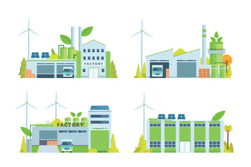 Sustainable Smart Green Factory building illustration, vector elements for city and industry illustration. flat style and front view	