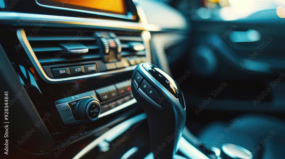 Poster close-up view of a car's dashboard featuring a remote control, ideal for use in automotive or techno