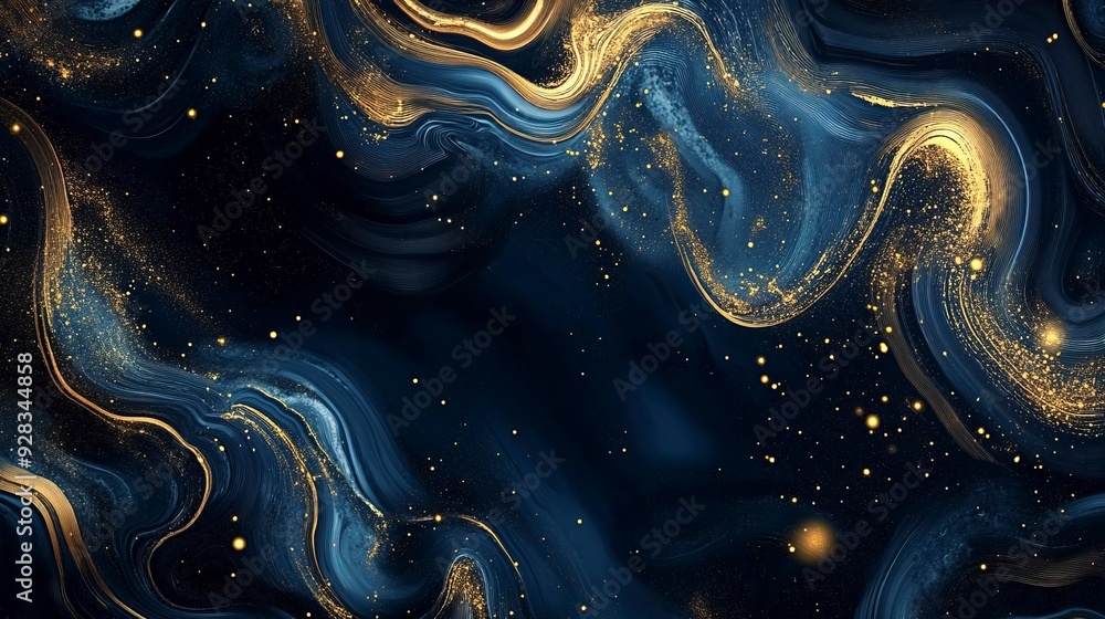 Aufkleber abstract background with dark blue and gold hues, featuring intricate patterns and shimmering partic