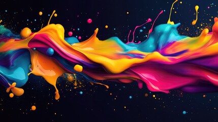 Fototapeta premium Abstract vibrant colorful liquid swirls, splashes, and droplets on a dark background.