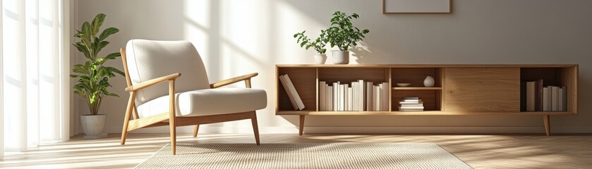 Cozy Modern Living Room with Wooden Furniture and Indoor Plants Bathed in Natural Sunlight