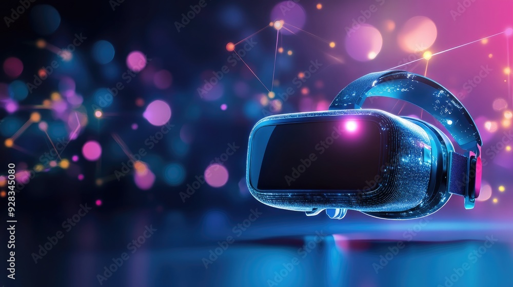 Poster futuristic vr headset floating in a dark background with neon light.