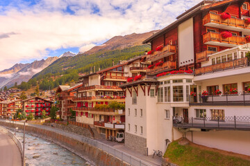Fototapeta premium Houses in Zermatt alpine village, Switzerland
