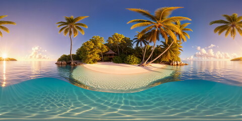 Obraz premium Full 360 degrees seamless spherical panorama HDRI equirectangular projection of An idyllic flawless paradise beach. Texture environment map for lighting and reflection source rendering 3d scenes. 
