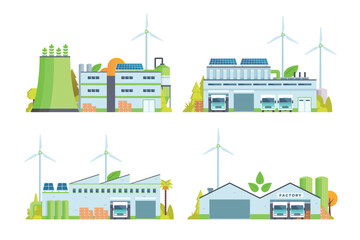 Sustainable Smart Green Factory building illustration, vector elements for city and industry illustration. flat style and front view	