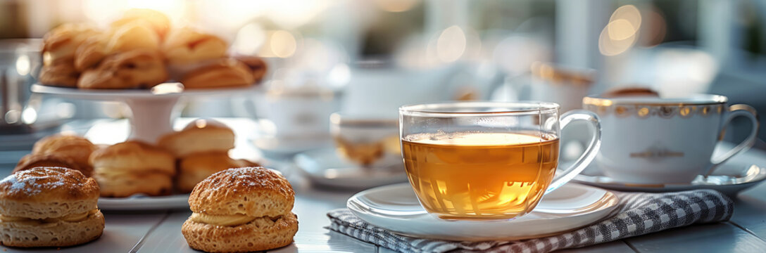 Afternoon tea, scones and a glass teacups of yellow tea on table with high food stand in background with different afternoon pastries, grey checkered cloth napkin on the side. Generative AI.
