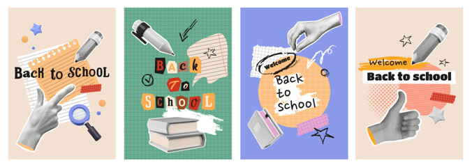 Back to school posters set. Collages with halftone hands, books, 3d stationery elements, torn paper from copy book, ragged notes, brush strokes graphics. Vector retro illustration. Education concept.