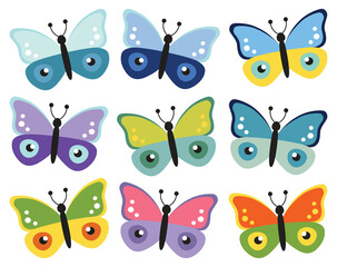 Butterfly collection, cute kids cartoon vector. Illustration isolated on white background. Color insect clipart. Baby shower design elements. Party invitation, birthday celebration. Spring, summer art