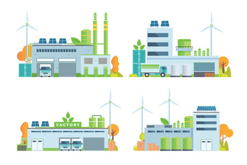 Obraz premium Sustainable Smart Green Factory building illustration, vector elements for city and industry illustration. flat style and front view 