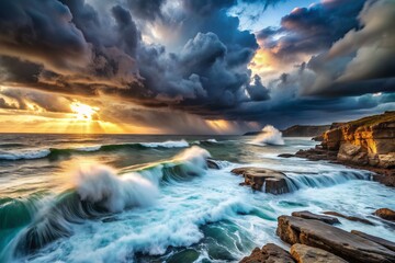 Fototapeta premium breathtaking stormy seascape with dramatic waves, moody skies, and long exposure, capturing the raw power and fury of nature's elements
