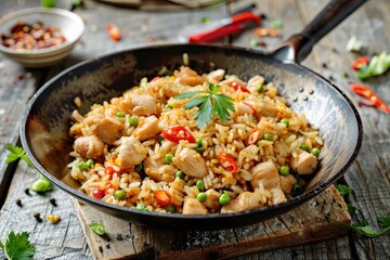 Chicken fried rice cooked in a wok with wood background from above