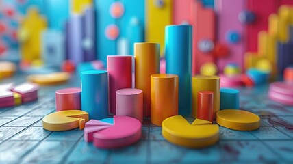 Colorful 3D charts and graphs representing data visualization and analysis in an engaging and vibrant style.