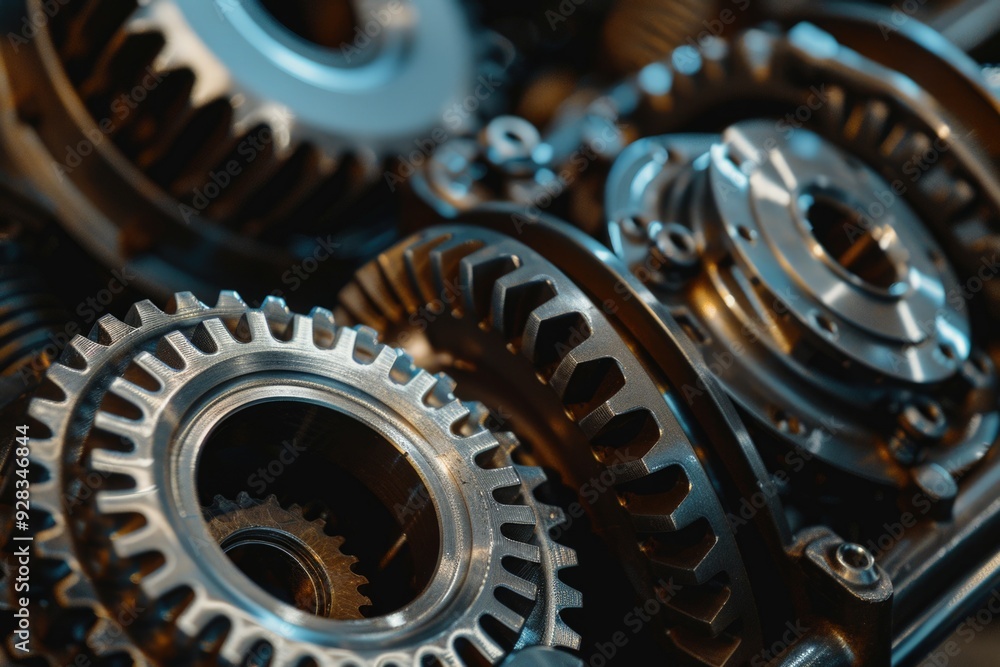 Aufkleber a close-up view of multiple mechanical gears arranged on a table, great for illustrations and presen
