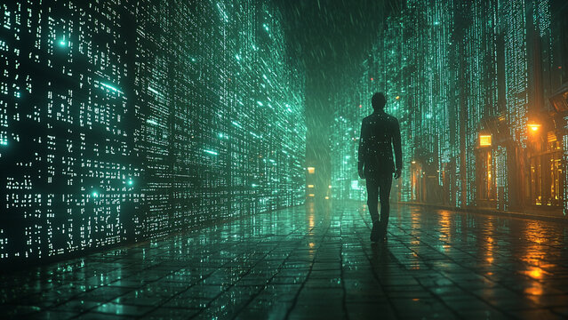 Binary Code Person in Digital Flow