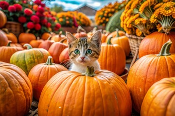 candid moment captures curious kitten peeking out from behind a massive pumpkin display amidst bustling farmers market vibrant colors lively atmosphere