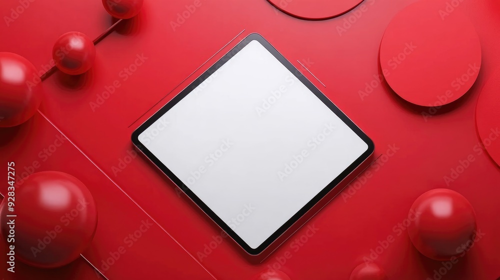 Poster tablet with blank screen on red background with geometric shapes.
