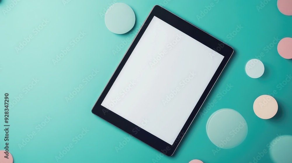 Poster top view of a tablet computer with blank screen on turquoise background with colorful circles.