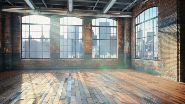An empty loft room with large windows, a wooden floor, an urban view, and light.
