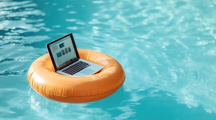 Laptop on an orange inflatable ring floating in a swimming pool with blue water