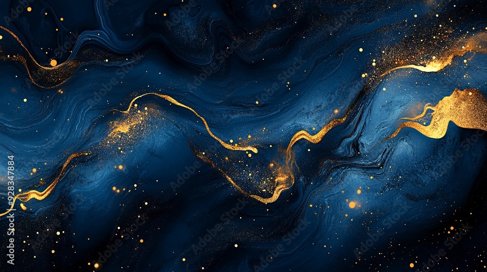Aufkleber abstract background with dark blue and gold hues, featuring intricate patterns and shimmering partic