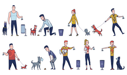 Cleaning after dog. Set of pet owners picking up pets waste during walk in public park. Animal responsibility of trash clean rules concept. Linear illustration