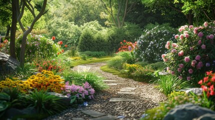 Fototapeta premium A tranquil garden with blooming flowers and a stone path
