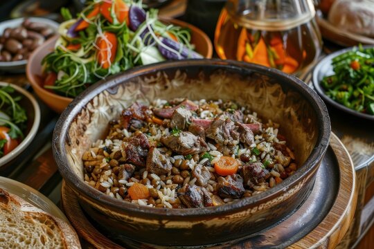 Classic Azerbaijani lamb pilaf with dried fruits chestnuts grilled vegetable salad dovga soup and tendir bread