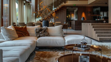 A stylish, modern living room with cozy decor, highlighting interior design
