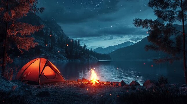 Tent and glowing bonfire beside a tranquil lake in a fantasy night setting, surrounded by a magical atmosphere.
  Seamless looping 4k time-lapse virtual video animation Generated AI