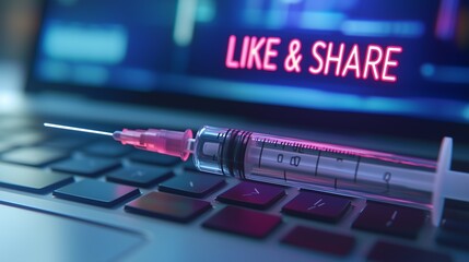 A syringe on a keyboard with 'like & share' text highlights social media addiction and the craving for validation and dopamine from likes.