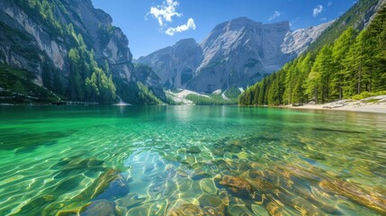 A serene mountain lake with crystal-clear water