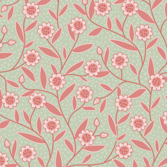 Endless retro floral pattern with hand-drawn daisies and folk motifs