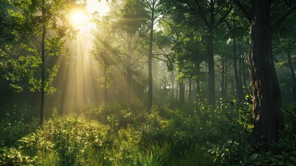 Obraz premium A serene forest landscape with sunlight filtering through the trees, capturing the essence of tranquility and nature's beauty.