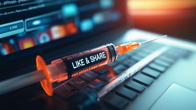 A syringe labeled 'like & share' on a laptop keyboard symbolizes addiction to online validation on social media.