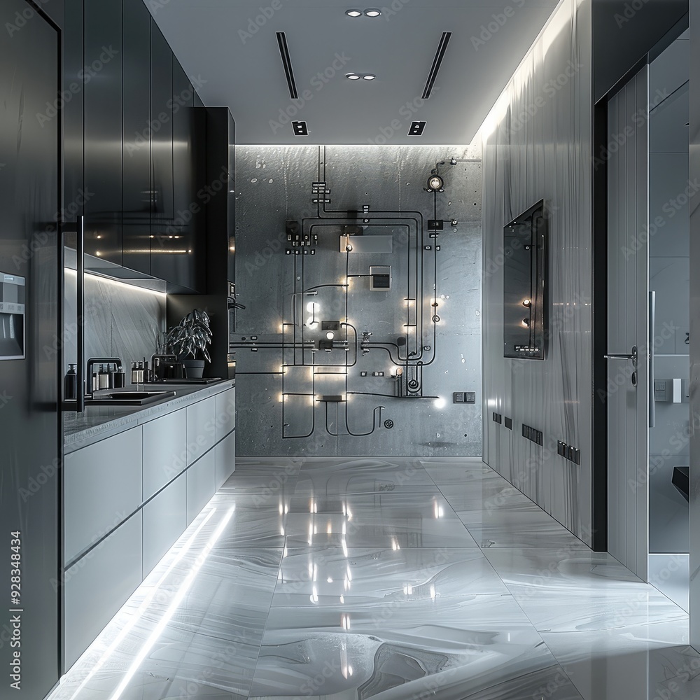 Poster the electrical system in the room in gray tones. generative ai.