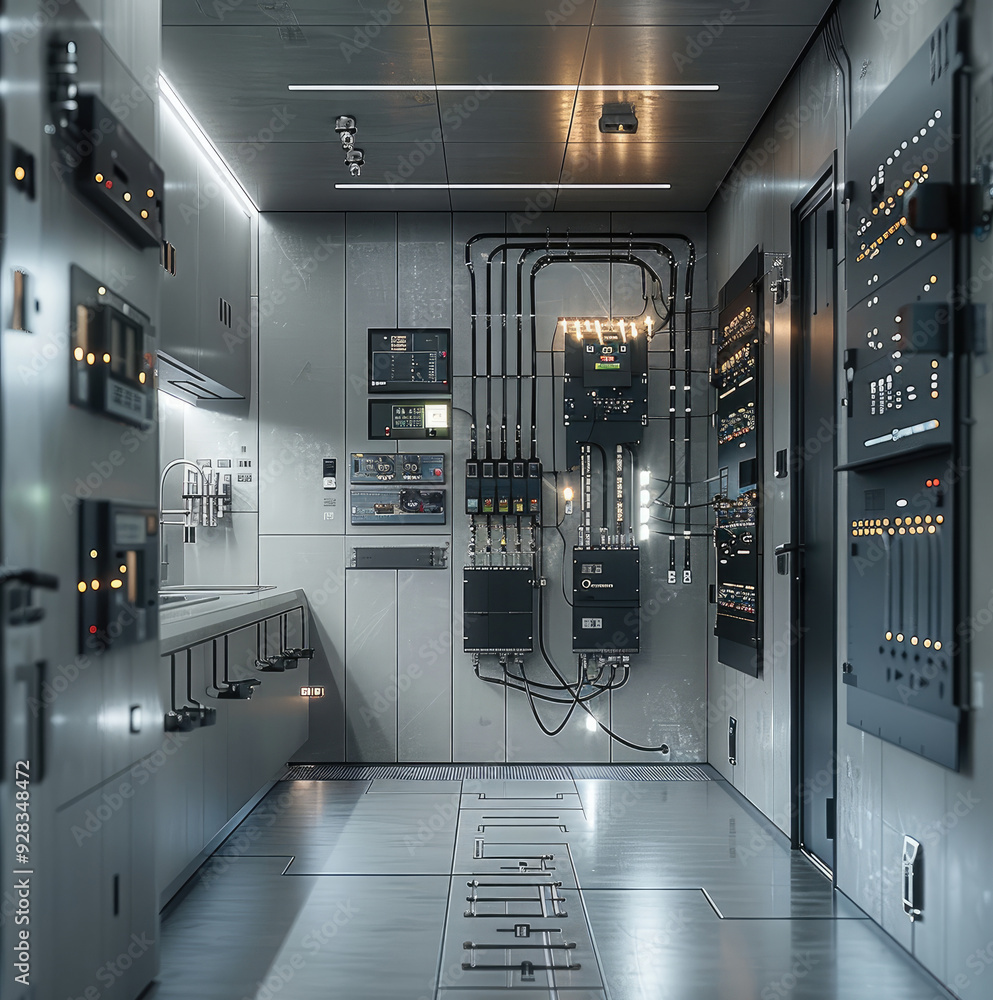 Poster the electrical system in the room in gray tones. generative ai.