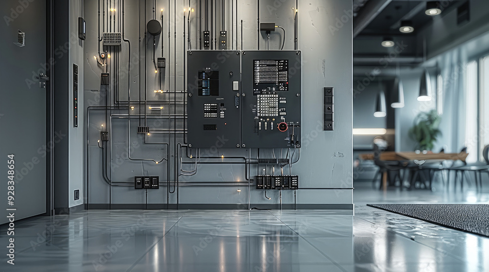 Poster the electrical system in the room in gray tones. generative ai.
