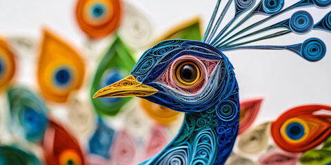 Obraz premium Filigrane Quilling-Kunst: Detailreicher Pfau aus farbigen Papierstreifen. Prächtig kunstvoll geformte Elementen. Lebendige Farben zeigen handwerkliches Geschick. Ideal für Kreativ-Themen